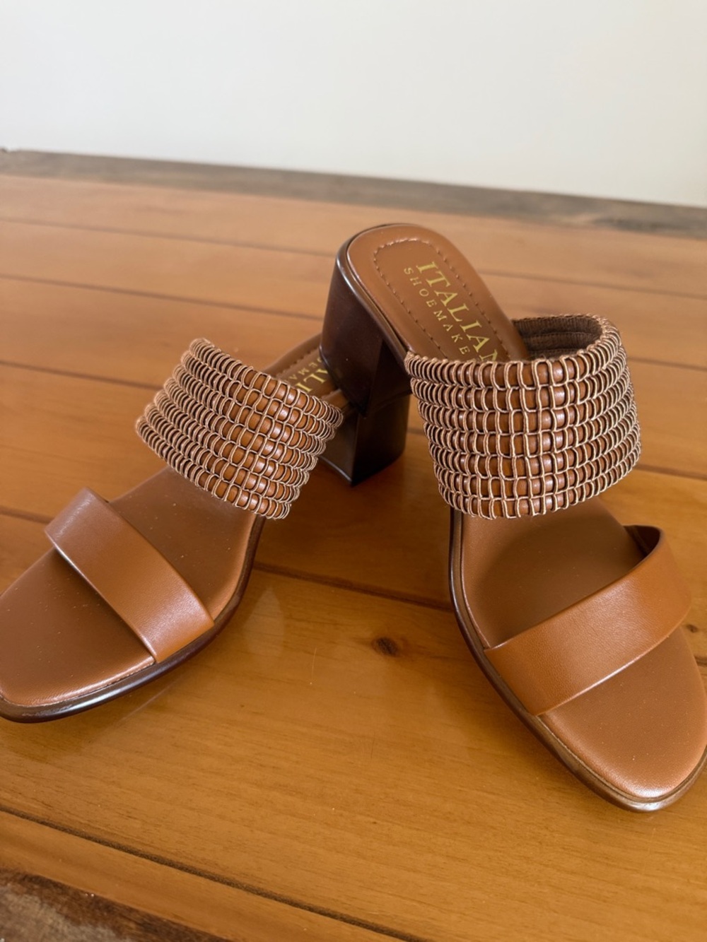 Italian Shoemakers Tan Woven Strap Block Heel Sandals